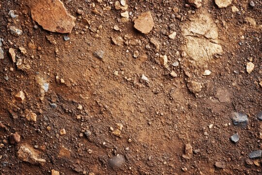 Close-up of earthy brown soil texture with embedded stones and rocks.