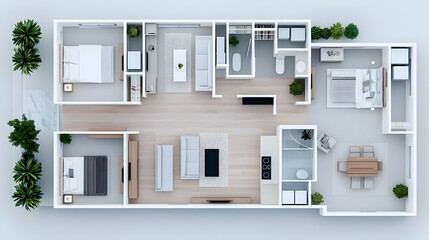 Modern Three Bedroom Apartment Floor Plan With White Walls And Wood Floors