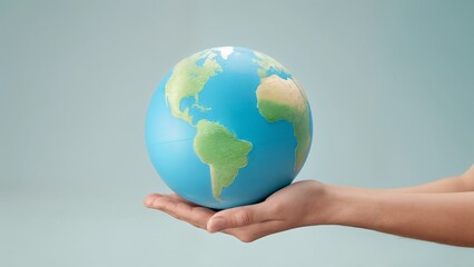A hand holding a blue and green globe in front of a gray background.