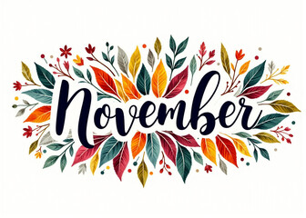 A vibrant, autumn-themed illustration featuring the word 'November' surrounded by colorful leaves and flowers.