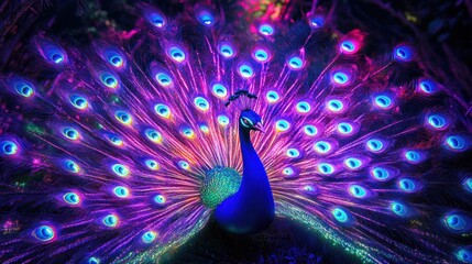 Vibrant cybernetic peacock displaying iridescent plumage in futuristic glow