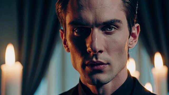 attractive male vampire in a classic suit. protagonist character of a romantic fantasy novel	
