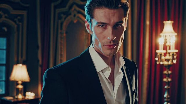 attractive male vampire in a classic suit. protagonist character of a romantic fantasy novel	
