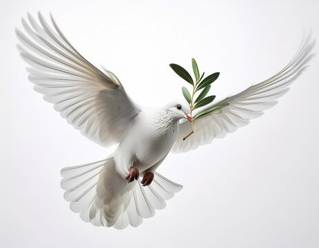 white dove of peace flying with green olive twig isolated on white background with space for text