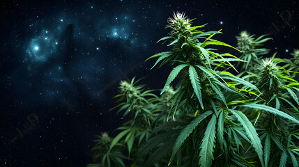Cannabis Plants Against a Backdrop of a Starry Night Sky and Deep Space Galaxy