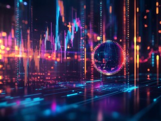 Obraz premium Abstract Digital Cityscape with Glowing Lines and Sphere