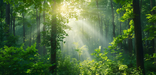 A lush green forest with sunlight gently filtering through the dense foliage of tall trees, creating a serene and natural ambiance.
