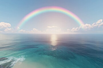 A vibrant rainbow arches over a serene ocean, a picturesque scene of tranquility and natural beauty.