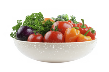 Hyperrealistic 3D render of a fresh vegetable bowl with water droplets isolated on a white background