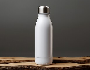 matte white water bottle tumbler mockup standing on minimalist wood isolated on grey background ai generated images