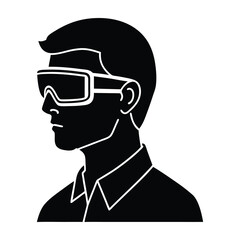 Silhouette of a man wearing safety goggles and a collared shirt in black and white. VR Head Set.