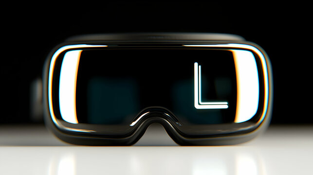 A black virtual reality headset with a glowing letter on display - Powered by Adobe