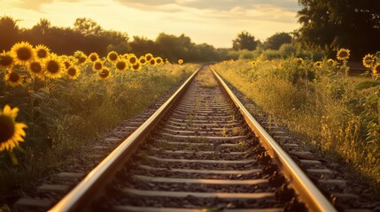 Obraz premium Train Tracks Surrounded by Vibrant Sunflowers Under a Beautiful Sunset Sky