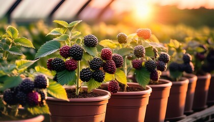 blackberries are thriving in pots basking in the warm afternoon light streaming through the greenhouse