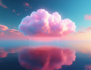 a surreal digital cloud floats above a tranquil misty surface illuminated with soft pink and blue hues creating a dreamlike atmosphere