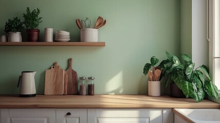 Modern Kitchen Interior with Green Wall and Natural Decor Elements