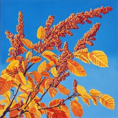 Vivid sumac leaves in fall, under blue skies.