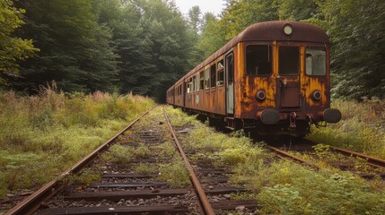Obraz premium Abandoned Rusty Train Stationed on Overgrown Railway Track Surrounded by Lush Greenery in a Serene Setting
