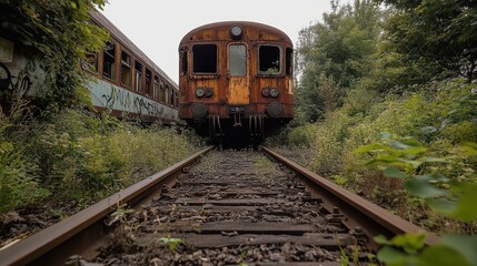 Abandoned Rusted Train on Overgrown Railway Tracks Surrounded by Lush Greenery in a Tranquil Setting