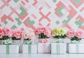 Fototapeta premium Pastel Pink and Green Carnations on White Gift Boxes with Geometric Background