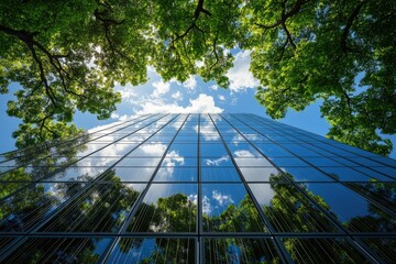 Modern glass skyscraper reflects lush green trees and a vibrant blue sky, symbolizing sustainable urban development.