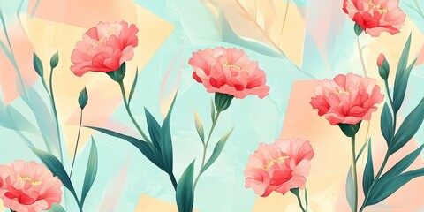 Pastel Pink Carnations on Abstract Teal and Peach Background