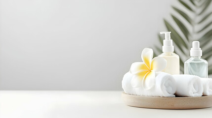 Serene Spa Setting With White Towels Tropical Flower Cream And Body Oil In A Tranquil Minimalist Arrangement On A White Surface With Palm Leaf Detail