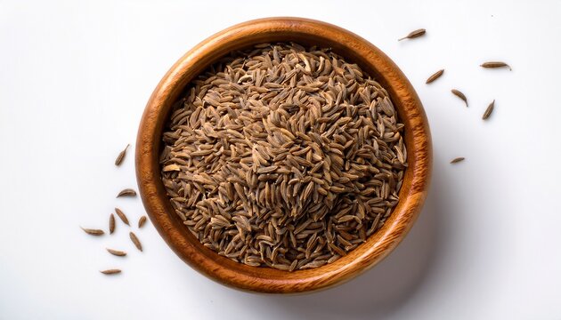 wooden bowl filled with cumin seeds top down view white backdrop showcasing rustic spice texture and warm brown coloring