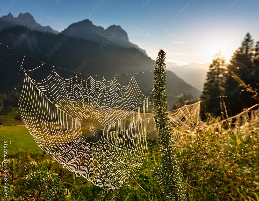 Wall mural a stunning spider s web with morning dew shines in front of a bavarian alpine landscape