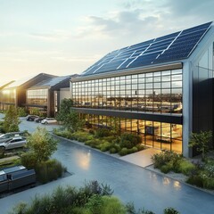 A high-rise green building with wind turbines integrated into its smart construction.