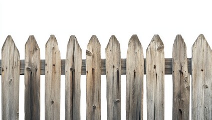 Weathered wooden fence stands alone against a bright white background, showcasing age and texture in its rustic charm. Generative AI