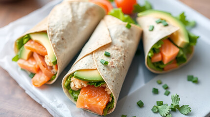 Delicious and Healthy Salmon and Avocado Wrap - A fresh and vibrant salmon and avocado wrap with parsley garnish. This wrap symbolizes healthy eating, fresh ingredients, delicious flavors, and a satis