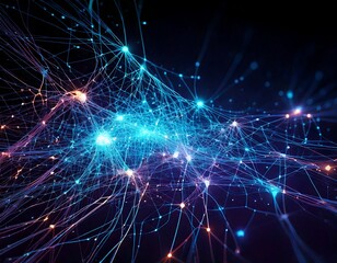 Obraz premium Neural network visualization with glowing connections and nodes, dark background, futuristic tech theme, and space for text overlay