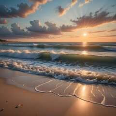 Crystal clear blue waves gently crashing onto a fine sandy beach