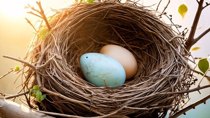 Obraz premium A bird's nest with two eggs in it.