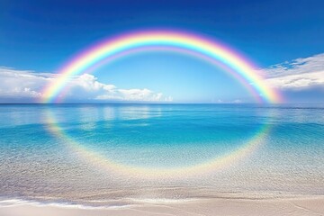 A vibrant rainbow arches over a serene turquoise ocean, meeting a pristine sandy beach.
