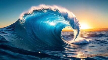A large blue wave breaking in the ocean at sunset.