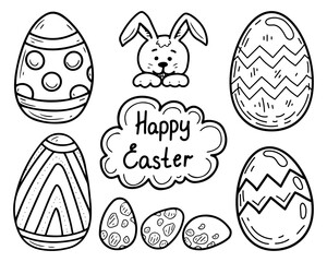 Set Happy Easter. Hand drawn doodle. Ornamental eggs. Cute bunny. Traditional holiday elements. Religious symbols. Vector line art illustration.