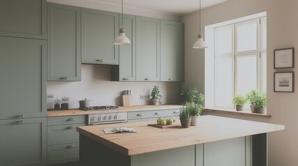 Modern Minimalist Kitchen with Green Cabinets and Natural Light