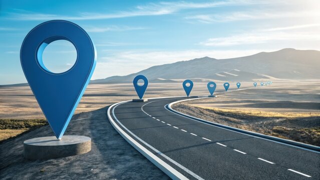 Road to Destination: The image depicts a scenic asphalt road winding its way through a picturesque landscape, marked by a series of blue location markers, symbolizing a journey.