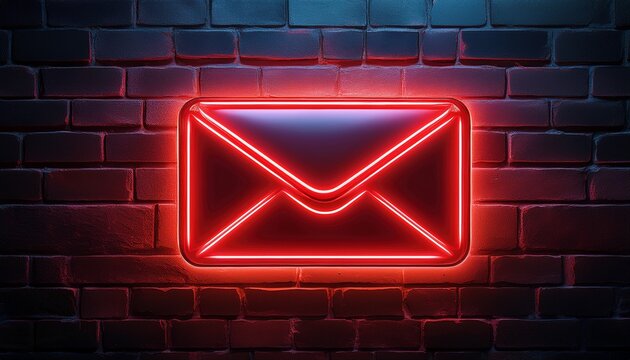 a glowing red neon envelope symbol on a dark brick wall representing email communication and digital messaging