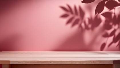empty table on bright pink wall background composition with leaves shadow on the wall and pink table mock up for presentation branding products cosmetics food or jewelry