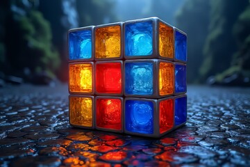 Fototapeta premium Colorful Glass Cube Puzzle on a Stone Surface