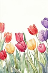 Obraz premium Vibrant Watercolor Tulips Red, Yellow, Purple Spring Flowers on White