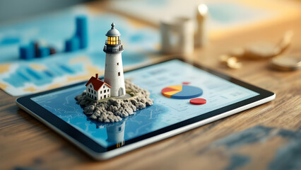 Lighthouse Model on Tablet with Bar Graphs and Nautical Maps for Coastal Investment Analysis