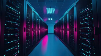 Fototapeta premium Modern Data Center with Neon Lights and Server Racks Perspective