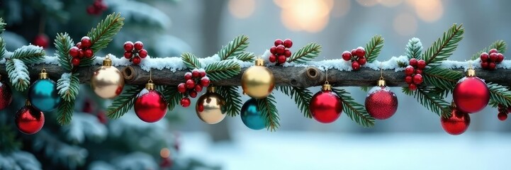Obraz premium A Christmas garland of colorful ornaments is draped over a wooden branch against a snowy backdrop, berries, winter ornament garland wooden branch