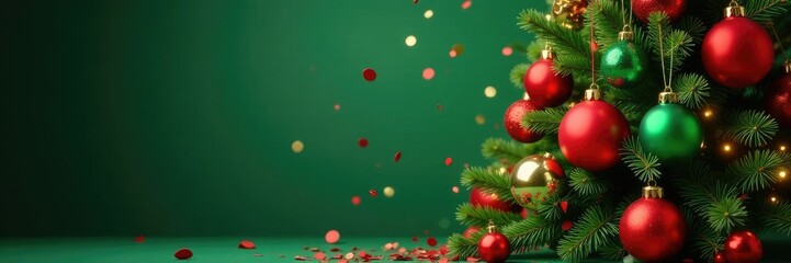 A Christmas tree decorated with red and green balloons and confetti, confetti, festive decor,