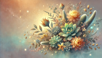 Fototapeta premium A fairytale background wallpaper consisting of succulents and yellow roses with empty space for text