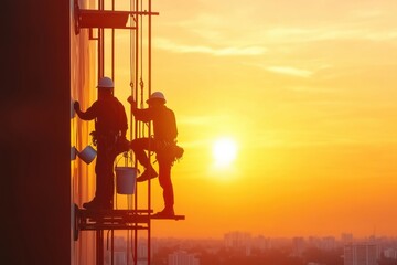 A group of painters paints the facade of the building from suspended scaffolding. One holds a bucket of paint, the other carefully applies a layer with a roller. Below you can see the urban landscape.